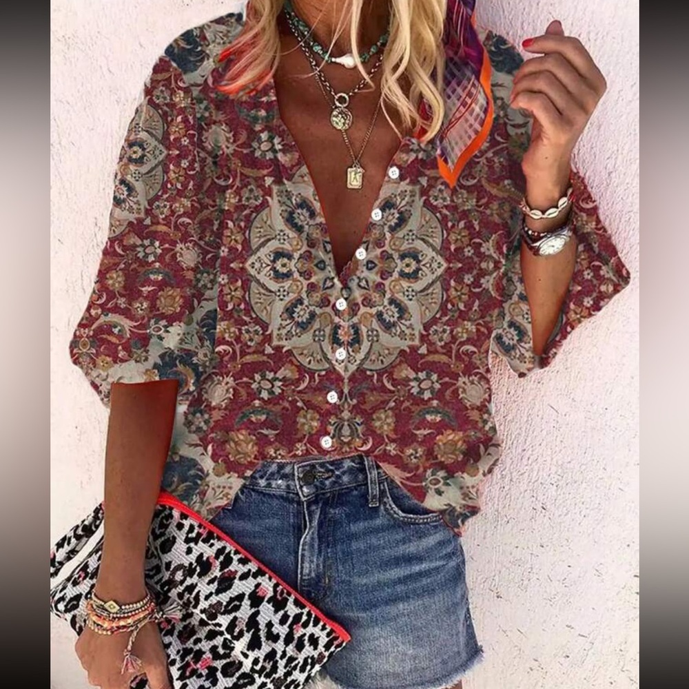 Boho western vintage floral print button down blouse